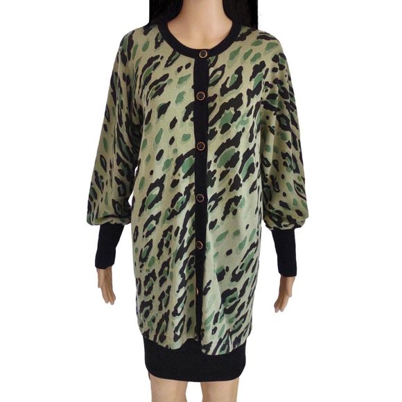 Bob Mackie Wearable Art Green Leopard Camoflauge Cardigan Sweater S - Picture 2 of 7